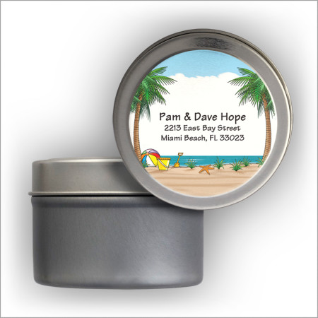 Palm Tree on Beach Address Labels Tin