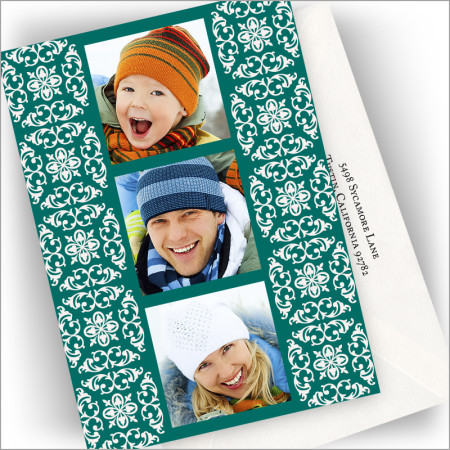 Green Holiday Damask Photo Cards - Vertical