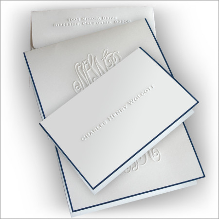 Navy Hand Bordered Embossed Stationery - Fold Note