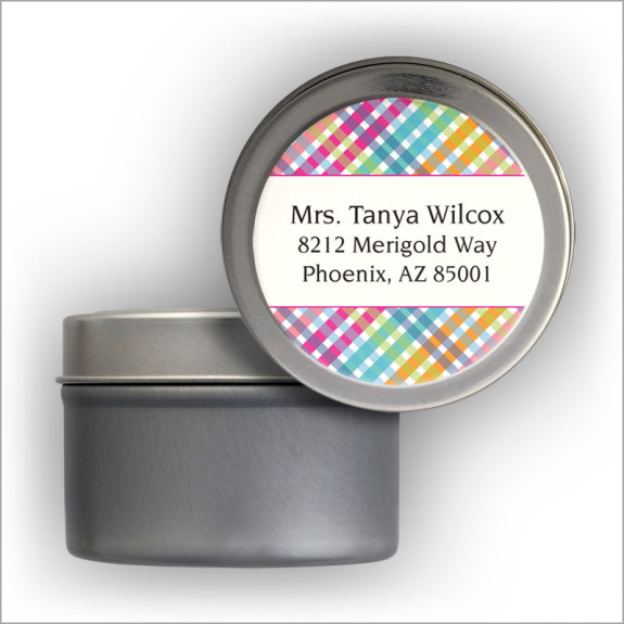 Happy Plaid Address Labels Tin