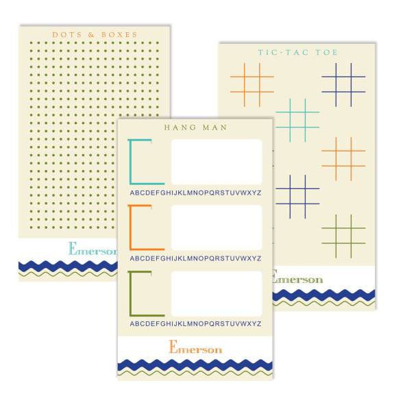 Enjoy simple, screen-free entertainment with these great-looking personalized game pads for kids. Each white memo pad is personalized with child's name and features three note pads each featuring a beloved childhood classic:  Tic Tac Toe, Hangman, and Dot