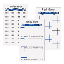Enjoy simple, screen-free entertainment with these great-looking personalized game pads for kids. Each white memo pad is personalized with child's name and features three note pads each featuring a beloved childhood classic:  Tic Tac Toe, Hangman, and Dot