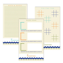 Enjoy simple, screen-free entertainment with these great-looking personalized game pads for kids. Each white memo pad is personalized with child's name and features three note pads each featuring a beloved childhood classic:  Tic Tac Toe, Hangman, and Dot